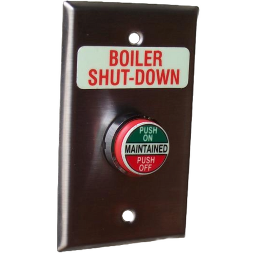 Pilla WPSDXSL Boiler Shut-Down : Wall Plate Operator Station, Red Maintained Round Push Button (PUSH ON-PUSH OFF), Flush Head, "Boiler Shut-Down", NEMA 1 (Indoor) Rated, Fits 1-3 Contact Blocks, UL Listed