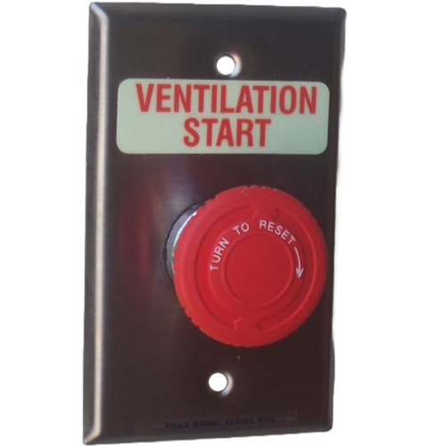 Pilla WPSTWSL Ventilation Start : Wall Plate Operator Station, Red Maintained "Turn to Reset" 40mm Mushroom Button, "Ventilation Start", NEMA 1 (Indoor) Rated, Fits 1-3 Contact Blocks, UL Listed