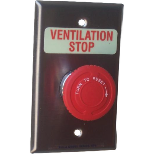 Pilla WPSTWSL Ventilation Stop : Wall Plate Operator Station, Red Maintained "Turn to Reset" 40mm Mushroom Button, "Ventilation Stop", NEMA 1 (Indoor) Rated, Fits 1-3 Contact Blocks, UL Listed