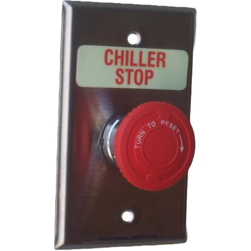 Pilla WPSTWSL Chiller Stop : Wall Plate Operator Station, Red Maintained "Turn to Reset" 40mm Mushroom Button, "Chiller Stop", NEMA 1 (Indoor) Rated, Fits 1-3 Contact Blocks, UL Listed