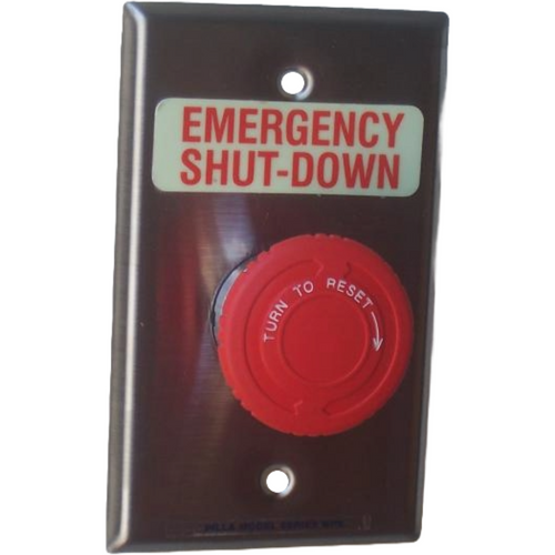 Pilla WPSTWSL Emergency Shut-Down : Wall Plate Operator Station, Red Maintained "Turn to Reset" 40mm Mushroom Button, "Emergency Shut-Down", NEMA 1 (Indoor) Rated, Fits 1-3 Contact Blocks, UL Listed