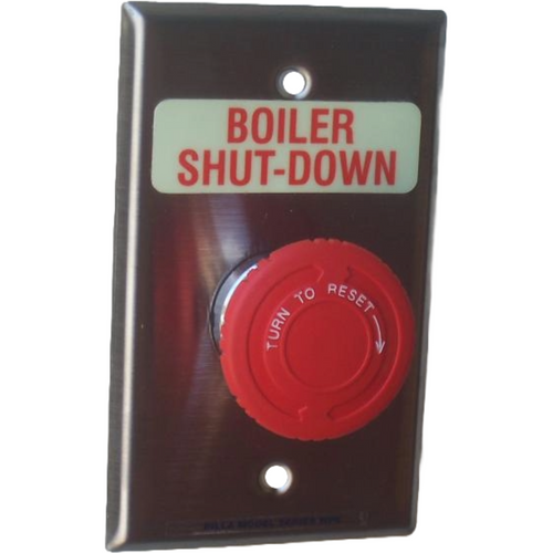 Pilla WPSTWSL Boiler Shut-Down : Wall Plate Operator Station, Red Maintained "Turn to Reset" 40mm Mushroom Button, "Boiler Shut-Down", NEMA 1 (Indoor) Rated, Fits 1-3 Contact Blocks, UL Listed