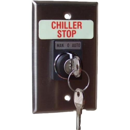 Pilla WPSK11SL Chiller Stop : Wall Plate Operator Station, Three Position Keyed Selector Switch with (2) Keys, Momentary Right, Maintained L/C, Removal Left, "Chiller Stop", NEMA 1 (Indoor) Rated, Fits 1-3 Contact Blocks, UL Listed