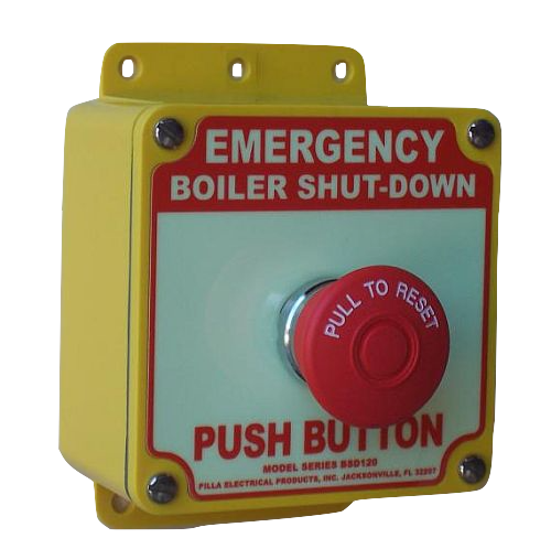 Pilla BSD120XD : Emergency Boiler Shut Down Push Button Operator Station, Maintained "Pull to Reset" 40mm Red Mushroom Operator, Surface Mount Nema 4x & 12 Nonmetallic Enclosure, 12 Amp at 120 VAC, 10 Amp at 24 VDC, Extra Depth Fits 9 Contact Blocks