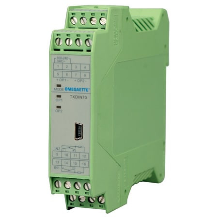 Omega TXDIN70-24V : DIN Rail Transmitter, Dual, DC Supply, TC, RTD, mV I/P, mA O/P, Temperature I/P & Process O/P Class, TXDIN70 Series, Each