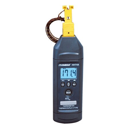 Omega HH74K : Handheld Thermometer with Magnet Hanger, Economical, K-type, 4.5 V (3 AAA), Miniature Connector, 1-CH, ± (0.3 % rdg + 1 ¡C), -100 ¡C, 850 ¡C, Each