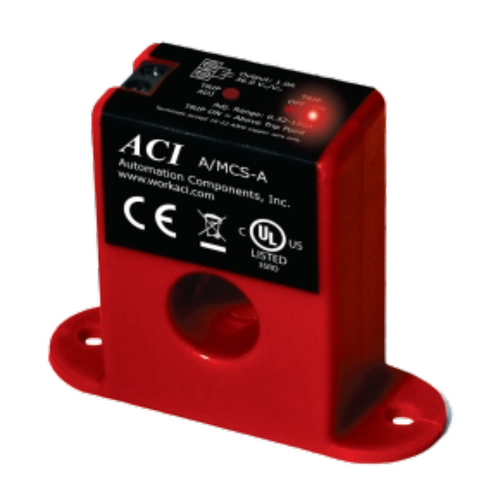 ACI A/MCS-A : Solid-Core Mini-Adjustable Trip Point Current Switch, Contact Type: Normally Open "N/O", Amp Range: 0.32-150A, Trip Point: 0.32-150A, Contact Rating: 1A @ 36VAC/VDC, 5-Year Warranty