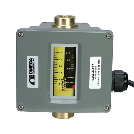 Omega FL-6102B : Variable Area Flow Meter w/Limit Switches, In-line, Oil, 0.2 GPM to 2 GPM, 3500 psi, 1/2 " NPT Female, 116 ¡C (240 ¡F), ± 2 %, Direct Read, Al, T302 SS, Ceramic, FL-6100B Series, Each