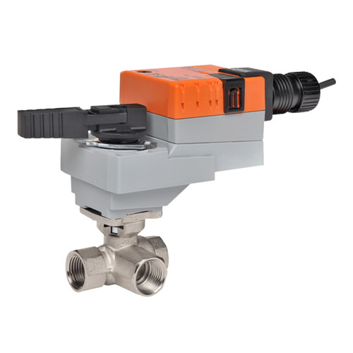 Belimo B307+LRB24-SR-T : 3-Way 1/2" Characterized Control Valve (CCV), Cv Rating 0.3, (0.6 GPM @ Δ 4 psi), Stainless Steel Trim + Non-Spring Valve Actuator, 24VAC/DC, Modulating 2-10VDC Control Signal, Terminal Strip, 5-Year Warranty