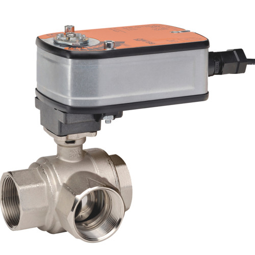Belimo B307B+LF24-SR-S US : 3-Way 1/2" Characterized Control Valve (CCV), Cv Rating 0.3, (0.6 GPM @ Δ 4 psi), Chrome Plated Brass Trim + Fail-Safe Actuator, 24VAC/DC, Modulating 2-10VDC Control Signal, (1)SPDT 3A @250V Aux Switch, 5-Year Warranty