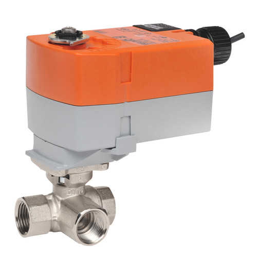 Belimo B307B+TFRB120 : 3-Way 1/2" Characterized Control Valve (CCV), Cv Rating 0.3, (0.6 GPM @ Δ 4 psi), Chrome Plated Brass Trim + Fail-Safe Valve Actuator, 120VAC, On/Off Control Signal, 5-Year Warranty