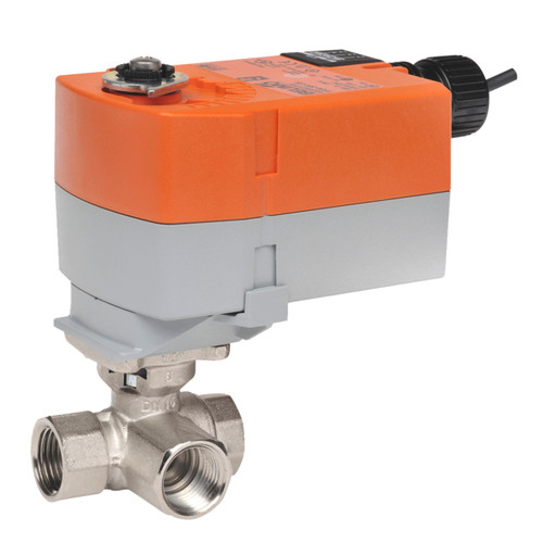 Belimo B307B+TFRB24-SR-S : 3-Way 1/2" Characterized Control Valve (CCV), Cv Rating 0.3, (0.6 GPM @ Δ 4 psi), Chrome Plated Brass Trim + Fail-Safe Actuator, 24VAC/DC, Modulating 2-10VDC Control Signal, (1)SPDT 3A @250V Aux Switch, 5-Year Warranty