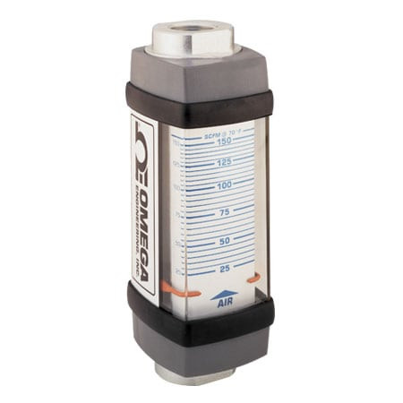 Omega FL6760A : Flow Meter, Pneumatic, In-line, Air, 5 SCFM to 50 SCFM, 1000 psi, 1/2 " NPT Female, 116 ¡C (240 ¡F), ± 2 %, Direct Read, 302 SS, Al, Polyphenylene Sulfide, Ceramic, FL6700A Series, Each