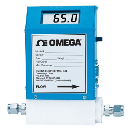 Omega FMA-A2319 : Mass Flow Meter, Gas, 0.6 SLM to 60 SLM, 250 psi, 1/4 " NPT Female, 0 Vdc to 5 Vdc, 4 mA to 20 mA, LCD, 50 ¡C (122 ¡F), ± 1 %, 17-4 SS, Acetal, FKM, FMA-A2000 Series, Each