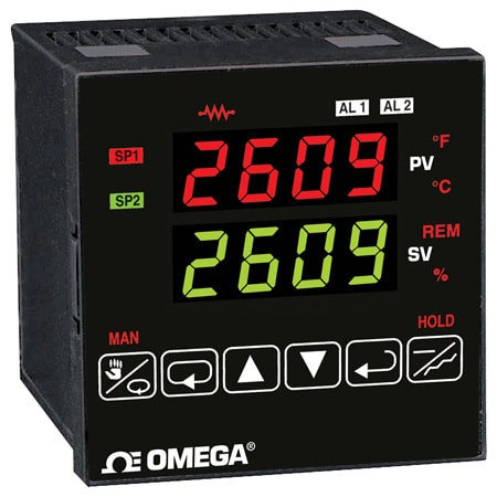 Omega CN72033 : Ramp & Soak Controller, T/C, RTD, mA, mV & 10 V, 1 I/P, Dual Output 2 Relay/DC Pulse, 2 O/P, AC, 100 V to 240 V, 4 Digit Dual Display, CN72000, Each