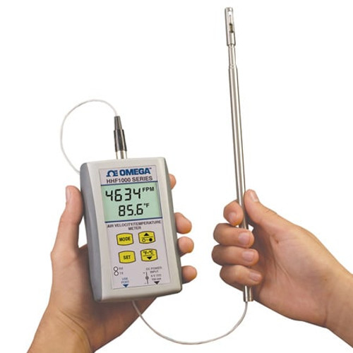 Omega HHF1001A : Air Velocity/Temperature Meter, 9 V Battery, 0 FPM to 5000 FPM, ± 0.5 %, 10 dBm (10 mW), 1/4 " x 12 " (DxL), Fixed Probe, HHF1000 Series, Each