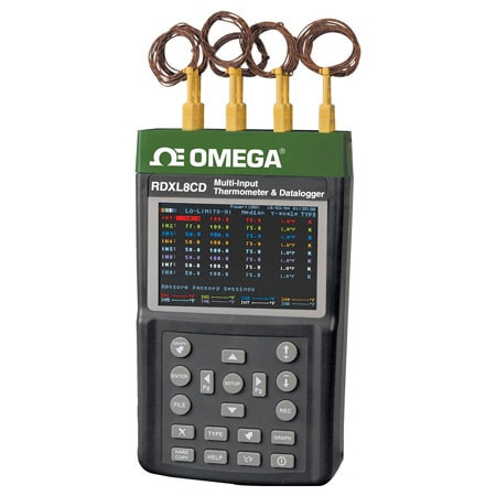 Omega RDXL8 : Portable Data Logger, Monochrome, 8 Isolated I/P, ± 0.5 ¡C/± 0.9 ¡F, Temperature, 0.01 % of FS/ ¡C, 8x 1.5 V AA Alkaline Batteries, 110V/220V AC I/P, Regulated 12V/300 mA DC O/P, RDXL8 Series, Each