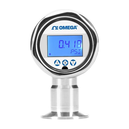 Omega PX3005K01-250GI : Pressure Transmitters with Display, Sanitary, Rangeable, Compound Gauge, -15 psi to 250 psi, ± 0.2 %, 1.5 " Tri-Clamp, Current, 4 mA to 20 mA, M12, PX3005K Series, Each