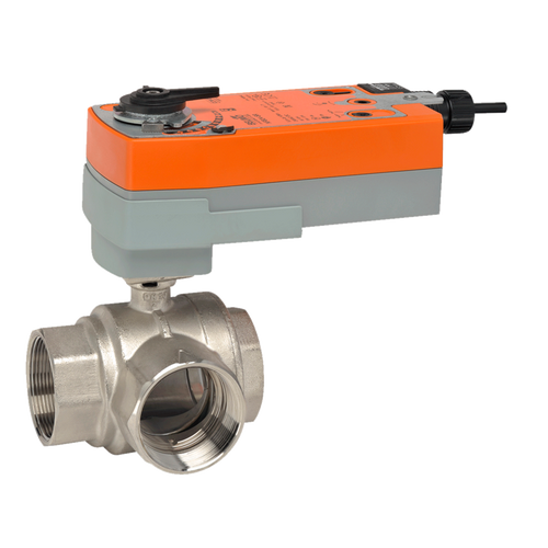 Belimo B330+AFRB24-S : 3-Way 1-1/4" Characterized Control Valve (CCV), Cv Rating 19, (38 GPM @ Δ 4 psi), Stainless Steel Trim + Fail-Safe Valve Actuator, 24VAC/DC, On/Off Control Signal, (2)SPDT 3A @250V Aux Switch, 5-Year Warranty