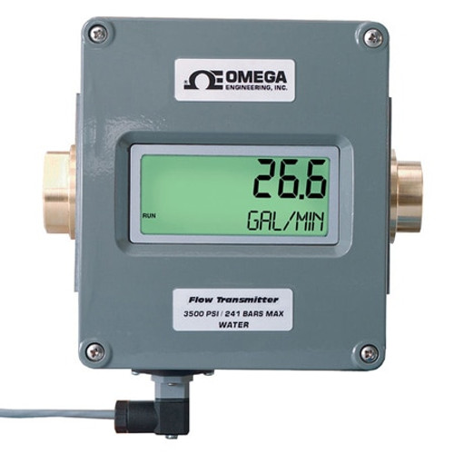Omega FLR7130D : Indicating Flow Meter w/Analog Output, Oil, 3 GPM to 30 GPM, 3500 psi, 3/4 " NPT Female, 116 ¡C (240 ¡F), ± 2 %, Digital, Brass, T302 SS, Carbon Steel, Silicone, PPS, Ceramic, FKM, FLR Series, Each