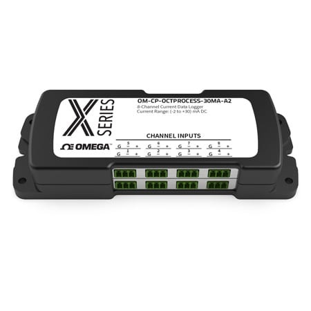 Omega OM-CP-OCTPROCESS-160MA-A2 : Current Data Logger, 8-CH Measurement, ± 160 mA, Up to 4 M Samples, 4 Hz Sample Rate, USB, Battery, AC Power Adapter, NIST Traceable Calibration, X Series, Each