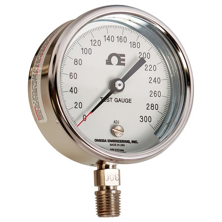 Omega PGT-30L-150 : Pocket Test Gauge, 1/4 " NPT Male, 0 psi to 150 psi, ± 0.5 % Accuracy, 0.1 % to 0.25 % Class, 3 " Dial, Stainless Steel, Bottom Mount, PGT Series, Each