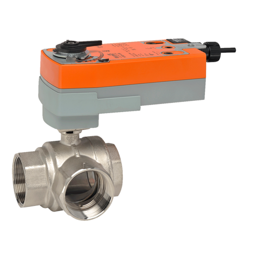 Belimo B350+AFRBUP : 3-Way 2" Characterized Control Valve (CCV), Cv Rating 57, (114 GPM @ Δ 4 psi), Stainless Steel Trim + Fail-Safe Valve Actuator, "UP" - Universal Power : 24 to 240 VAC / 24 to 125 VDC, On/Off Control Signal, 5-Year Warranty