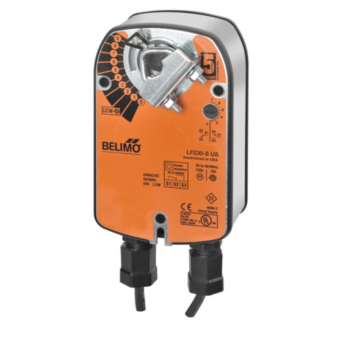 Belimo LF230-S US : Fail-Safe Damper Actuator, 35 in-lb Torque, 230VAC, On/Off Control Signal, (1) SPDT 3A @250V Aux Switch, 5-Year Warranty