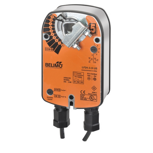 Belimo LF24-3-S US : Fail-Safe Damper Actuator, 35 in-lb Torque, 24VAC/DC, On/Off, Floating Point Control Signal, (1) SPDT 3A @250V Aux Switch, 5-Year Warranty