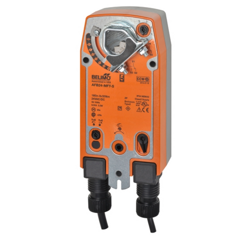 Belimo AFB24-MFT-S spring-return fail-safe damper actuator, 180 in-lb, programmable MFT, 2x aux switch