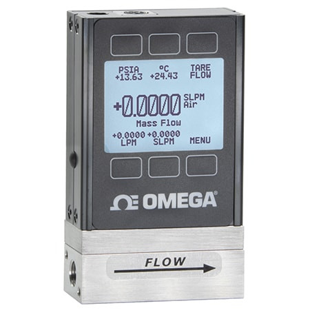 Omega FMA-1623A-I : Mass Flow Meter, Gas, 15 SLM to 3000 SLM, RS232, 145 psi, 1 1/4 " NPT Female, 4 mA to 20 mA, LCD, 50 ¡C (122 ¡F), ± 0.8 %, 300 SS, Al, Silicone, FKM, FMA-1600A Series, Each
