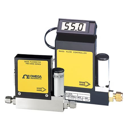 Omega FMA5445 : Mass Flow Controller, Economical, Gas, 25 SLM to 1000 SLM, 500 psi, 50 ¡C (122 ¡F), ± 1.5 %, 3/4 " NPT Female, 0 Vdc to 5 Vdc, 4 mA to 20 mA, Std, Aluminum, Brass, FKM, FMA5400A Series, Each