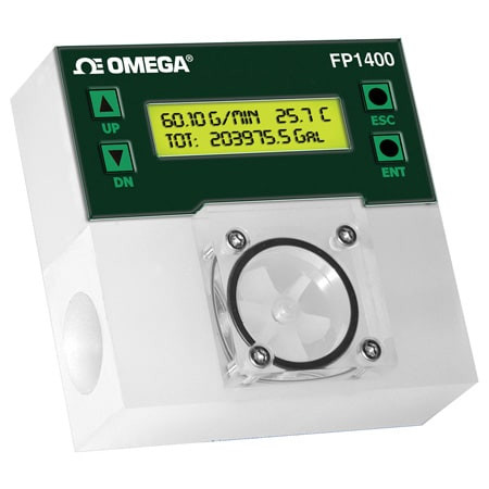 Omega FP1412 : Digital Plastic Paddlewheel Flow Meter, 11 Vdc to 26 Vdc, 0.5 GPM to 5 GPM, 3/8 ", NPT Female, ± 1 % Accuracy, 0 Vdc to 5 Vdc, 4 mA to 20 mA, PVDF, 150 psi, LCD Display, FP1400 Series, Each