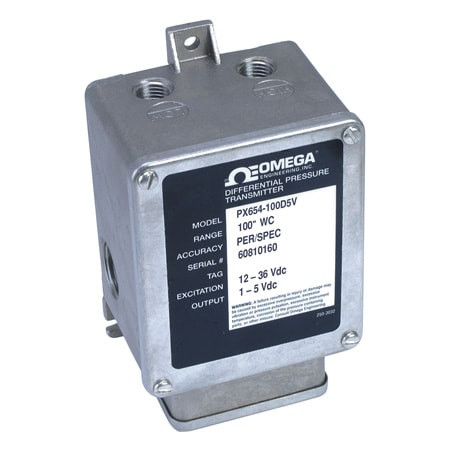 Omega PX654-100D5V : Low Pressure Industrial Transmitter, High Accuracy, Uni-Directional, Differential, 0 inH_O to 100 inH_O, ± 0.3 %, 1/4 " NPT Female, Voltage, 1 Vdc to 5 Vdc, Conduit, PX654 Series, Each
