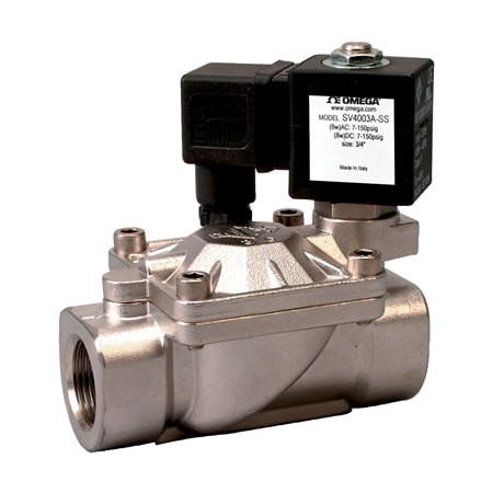 Omega SV4003A-NO : Solenoid Valve for Hot Water/Steam, 2-Way, N.O, Pilot Operated, 3/4 ", 6.2 Cv, AC/DC Coil, Brass Body, SS, Copper, PTFE, 150 psi, 182 ¡C (360 ¡F), Hot Water, Steam, SV4000A Series, Each