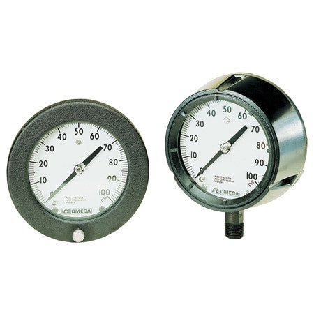 Omega PGH-45B-10000 : Industrial Pressure Gauge with Temperature Compensation, 1/2 " NPT Male, 0 psi to 10000 psi, ± 0.5 % Accuracy, > 0.25 % Class, 4.5 " Dial, Rear Connection, Phenol Case, PGH Series, Each