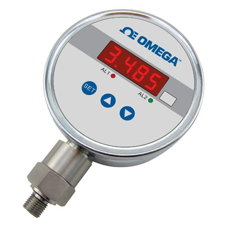 Omega DPG104S-2.0KG : Digital Pressure Gauge, Dual Alarms, Gauge, 0 psi to 2000 psi, ± 0.25 %, 1/4 " NPT Male, 4 Digit, DC Powered, SPDT 3 A, DPG104S Series, Each