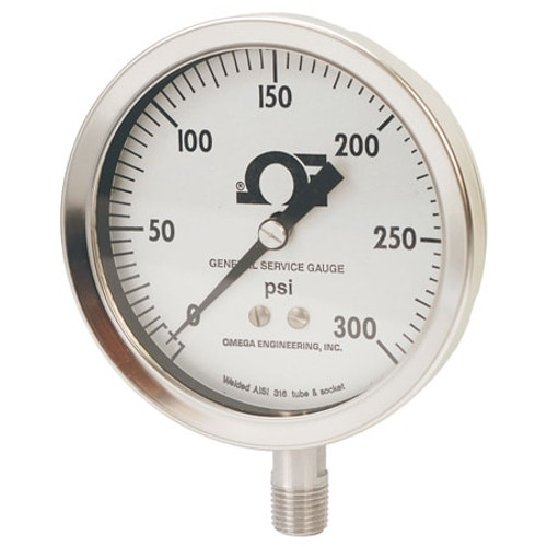 Omega PGS-35B-30 : General Service Gauge, Weather & Dust Resistant, 1/4 " NPT Male, 0 psi to 30 psi, ± 1 % Accuracy, > 0.25 % Class, 3.5 " Dial, Rear Connection, PGS Series, Each