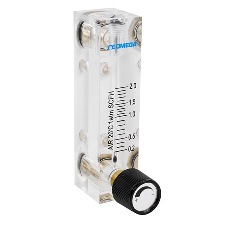 Omega FLK-2215 : Variable Area Flow Meter, Air, 2 LPM to 20 LPM, 125 psi, 1/8 " NPT Female, 60 ¡C (140 ¡F), ± 4 %, Direct Read, Acrylic, Brass, SS, Silicone Rubber, w/Valve, FLK-2000 Series, Each