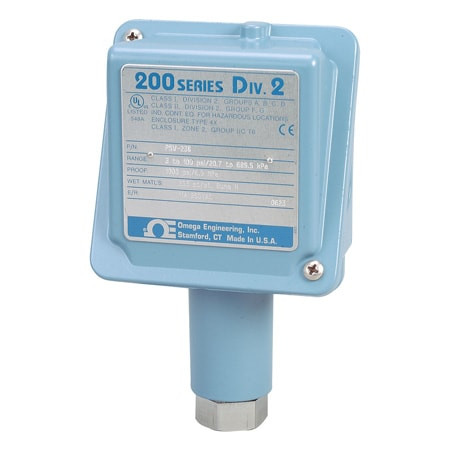 Omega PSW-225D : Hermetic Pressure Switch, Gauge Type, (1) 11 A DPDT, 1/2 " NPT Female, 2.5 inH_O to 50 inH_O, 3.6 inH_O Deadband, Fixed, NEMA 4X, IP66 Enclosure, for Harsh Environment, PSW-200 Series, Each