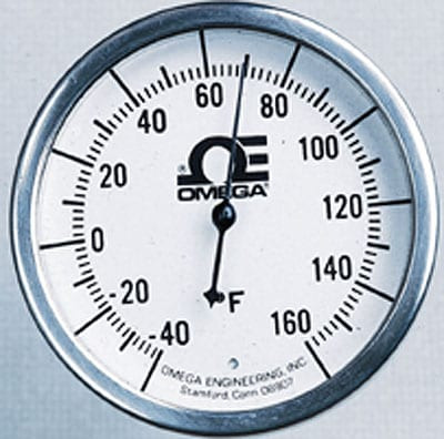 Omega H--40-160F-9-1/2 : Hermetically Sealed Thermometer, 2.37 " Dial, 1/2 " NPT, -40 ¡F to 160¡ F, 2 ¡, 1 % of Full Scale, 0.25 " x 9 " Bi-metal Stem, SS, H Series, Each