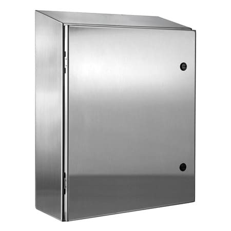 Omega SCE-36EL3016SSST : Electrical Enclosure, Slope Top, Washdown, Chemical Resistant, Wall Mount, 304 Stainless Steel, 36 " (H) x 30 " (W) x 16 " (D), Black Quarter Turn Latch, SCE-ELST Series, Each