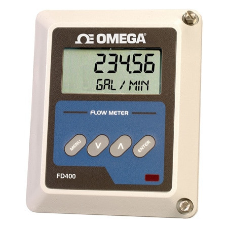 Omega FD-423 : Ultrasonic Flow Meter, Doppler, Solids/Gas Bubbles, 0.15 FPS to 30 FPS, 1/3 " to 120 " Dia, ± 2 % Accuracy, 115 Vac, 2-Relays, Amplified Square Wave, Wall Mount, LCD Display, FD-400 Series, Each