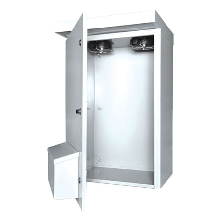 Omega SCE-41VR2412 : Electrical Enclosure with Rain Hood & Ventilation Fan, Galvannealed Steel, 41 " (H) x 24 " (W) x 12 " (D), White, Black Quarter Turn Latch & Pad Lockable Wing Knob, Outdoor, SCE-3RV Series, Each