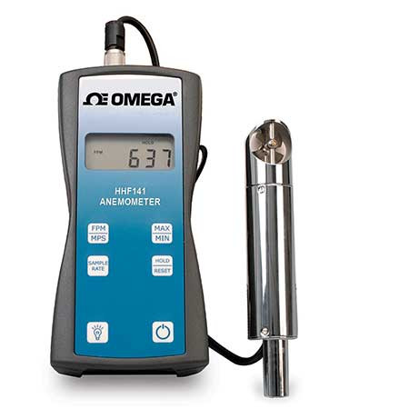 Omega HHF141A-V : Anemometer, Handheld, Rotating Metal Vane, Battery Power (3 AA), 300 FPM to 6800 FPM, ± 0.75 % Accuracy, 1 " x 1 " (DxL), 0 Vdc to 5 Vdc, NIST Cert, HHF141 Series, Each
