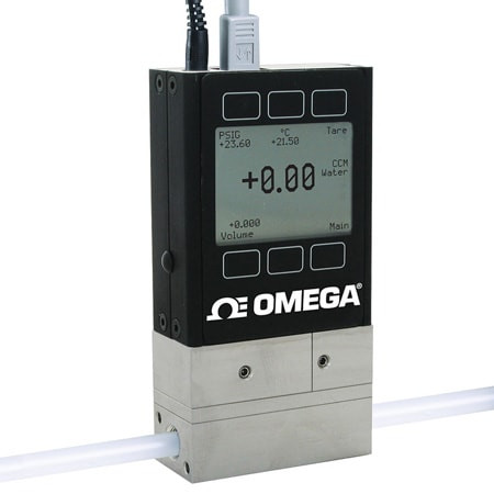 Omega FLR-1605A : Flow Meter, Low-Flow, Liquid (Water), 0.04 LPM to 2 LPM, 1/4 ", NPT Female, ± 2 %, 0 Vdc to 5 Vdc, 300 SS, FKM, Polythermide, Glass, Silicone, LCD Display, FLR-1600A Series, Each