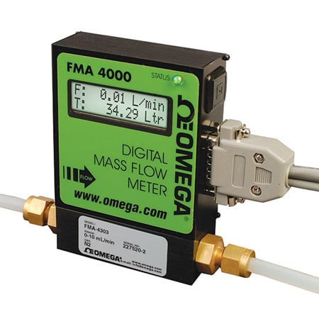 Omega FMA-4315 : Mass Flow Meter & Totalizer, Prog, Gas, 0.8 SLM to 40 SLM, RS232, 500 psi, 1/4 " Compression, 0 Vdc to 5 Vdc, 4 mA to 20 mA, LCD, 50 ¡C, ± 1 %, 316 SS, Al, Brass, FKM, FMA-4300 Series, Each