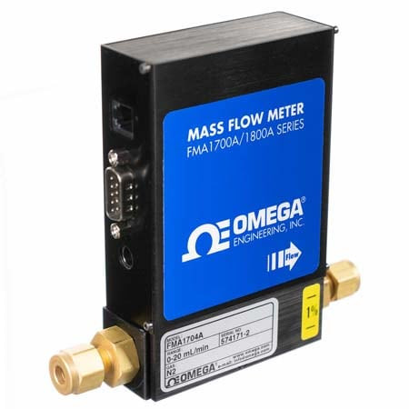 Omega FMA1740A : Mass Flow Meter, Economical, Gas, 0.6 SLM to 60 SLM, 1000 psi, 3/8 " Compression, 0 Vdc to 5 Vdc, 4 mA to 20 mA, 50 ¡C (122 ¡F), ± 1 %, Al, Brass, FKM, FMA1700A Series, Each