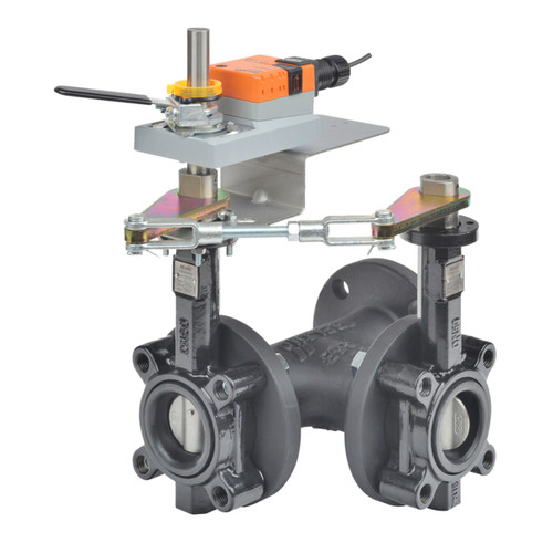 3-Way 2-1/2" Inch Butterfly Valve, Cv 196, Close-off Pressure 200 psid + Non-Spring Valve Actuator, 120VAC, Modulating 2-10VDC Control Signal, Terminal Strip, 5-Year Warranty