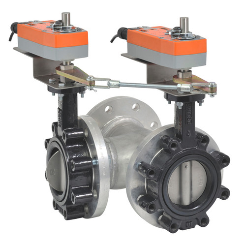 3-Way 2-1/2" Inch Butterfly Valve, Cv 196, Close-off Pressure 200 psid + (2x) Spring Return Valve Actuator, 24VAC/DC, Programmable (2-10VDC Default) Control Signal, 5-Year Warranty